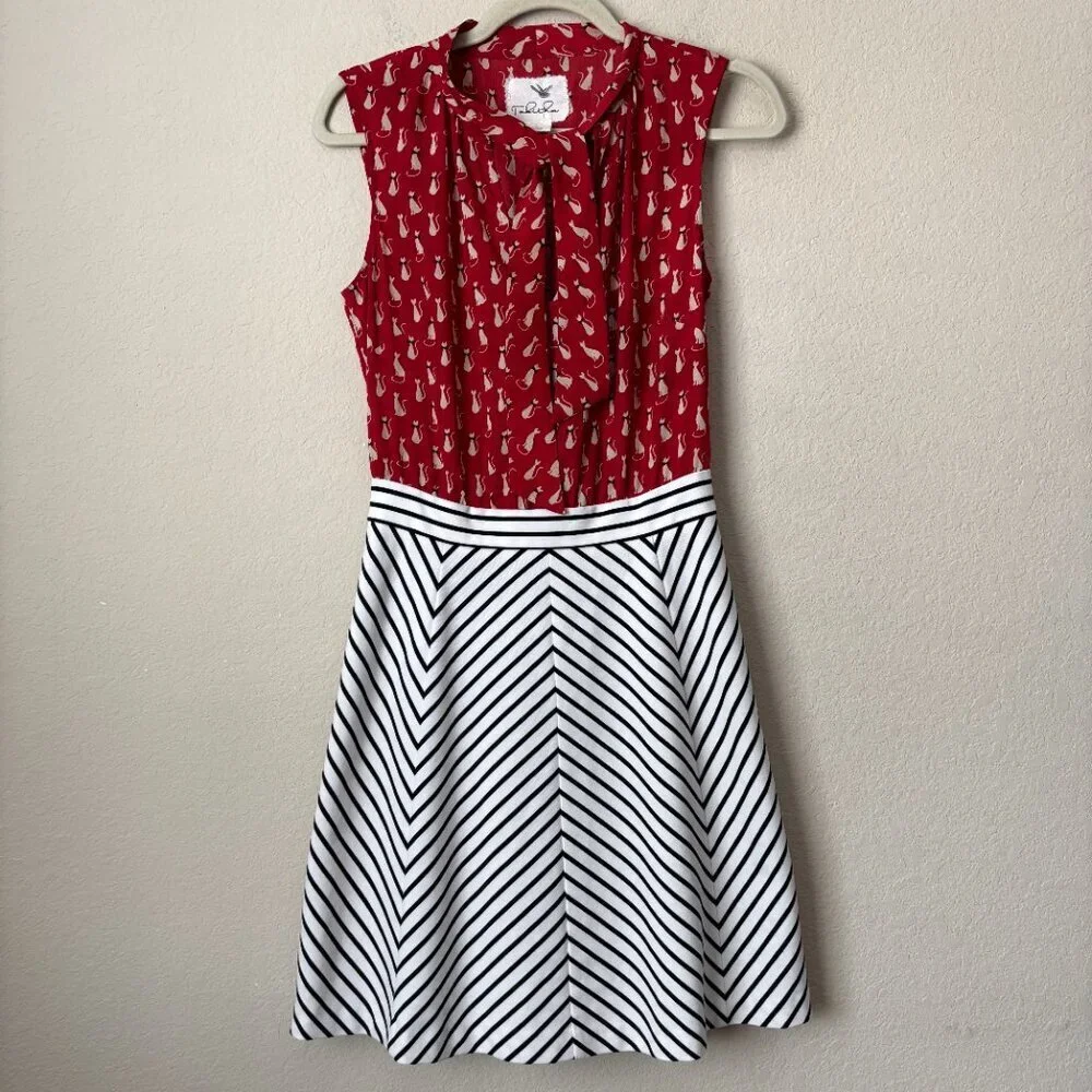 Anthropologie Tabitha Cat Gatto Printed Novelty Dress Striped Tie Neck HTF Rare - Picture 7 of 15